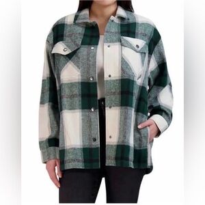 HFX Plaid Flannel Green and Cream Women's Snap Front Shirt Jacket Oversized